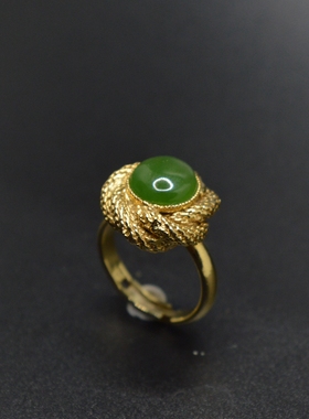 中古首饰 金丝碧玉戒指 疑似天然玉 成色好 可调节 不退换