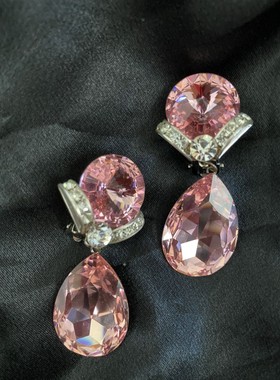 西洋中古饰品首饰 粉色超闪莱茵石水滴rivoli耳夹（不退不换）