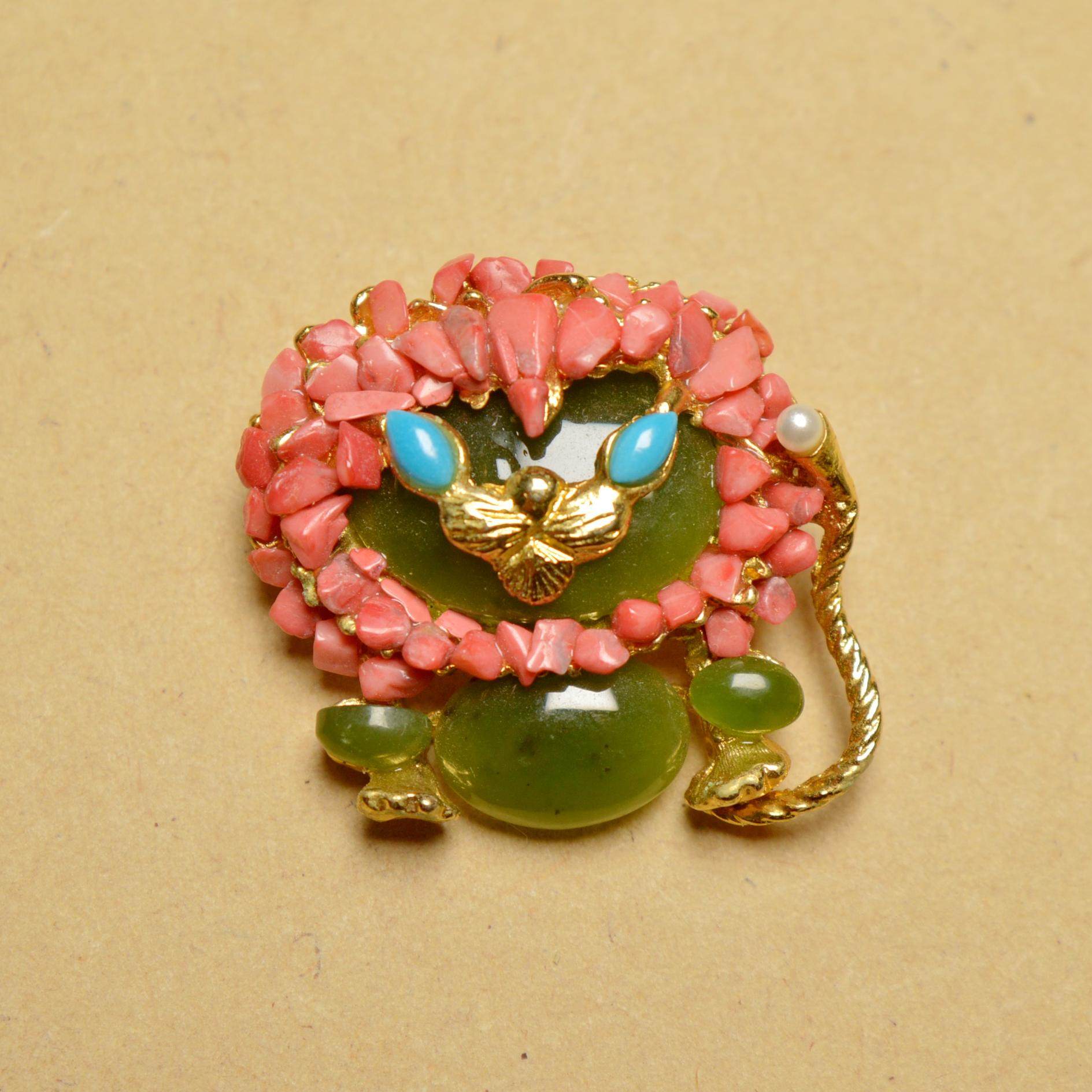 中古饰品首饰vintage swoboda 天然宝石镶嵌碧玉狮子胸针R