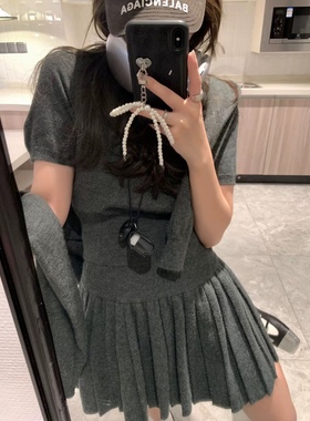 24春夏新款，学院风绵羊绒纯色针织外套高腰针织半身裙三件套套装