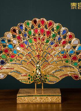 泰国进口实木雕刻孔雀开屏摆件