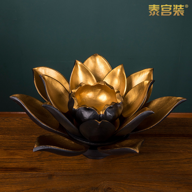 泰式风格莲花造型木雕供果盒摆件