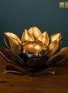 泰式风格莲花造型木雕供果盒摆件
