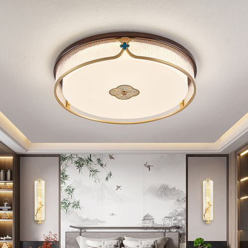 全铜新中式吸顶灯实木圆形卧室灯饭厅房间书房灯2025新款LED灯具