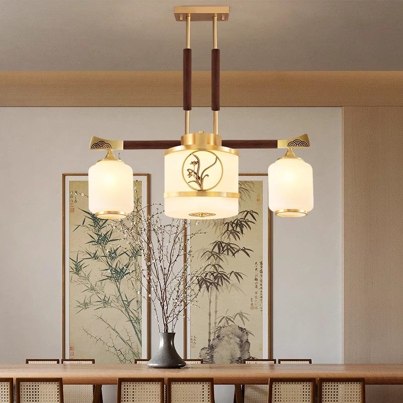 全铜实木餐厅灯吊灯三头新中式现代中国风创意长餐桌书房茶室灯具