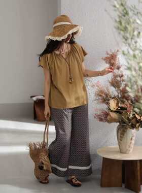 欢内春夏女款圆领套头半袖长裤休闲可外穿家居服睡衣22355