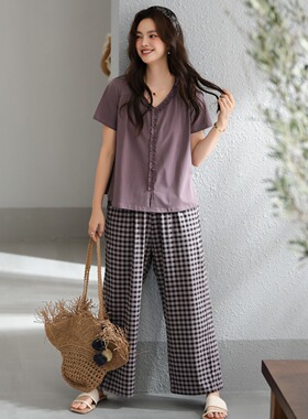 欢内春夏女款圆领套头半袖长裤休闲可外穿家居服睡衣22370