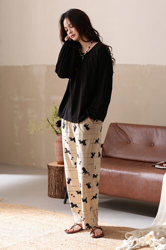 欢内秋冬女款棉莱卡圆领套头长袖长裤休闲家居服睡衣22813