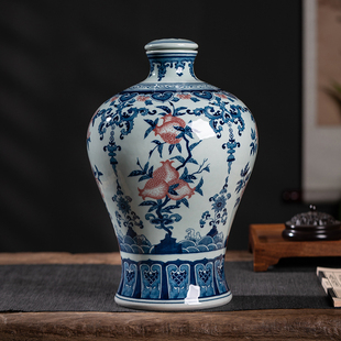 景德镇手绘青花酒坛子陶瓷密封窖藏存酒家用10斤空酒缸加厚酒瓶