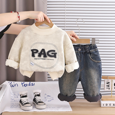 男童冬装加绒卫衣套装新款婴儿童薄绒衣服宝宝秋冬季一体绒两件套