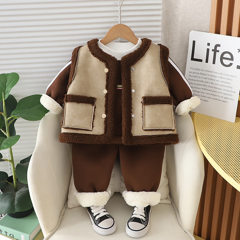 男童冬装冬季2026新款三件套棉衣马甲新款套装宝宝加绒加厚童装潮