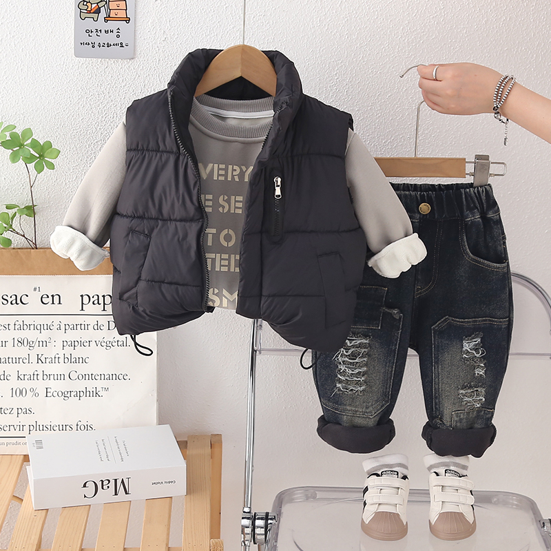 男童冬装加绒加厚休闲卫衣套装新款中小宝宝冬季棉服马甲三件套潮