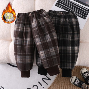 男童一条过冬棉裤加绒加厚冬季外穿小童格子裤婴儿宝宝三层夹棉裤