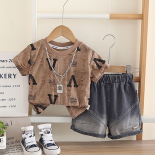 男童夏季短袖套装新款痞帅休闲风字母印花T恤牛仔短裤洋气两件套5