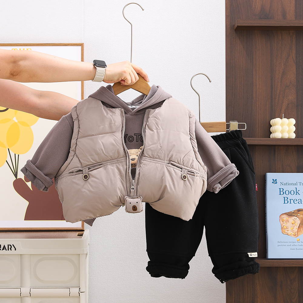 男童秋冬季加绒加厚套装新款洋气儿童冬装马甲宝宝三件套韩版棉衣