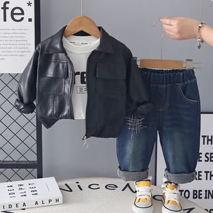 休闲皮衣三件套潮 卫衣儿童洋气衣服宝宝秋装 男童春秋套装 2026新款