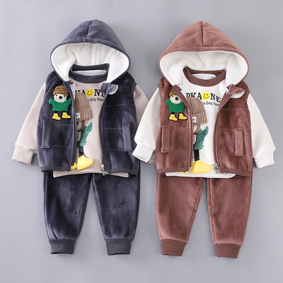 男童加绒2025新款秋冬套装洋气冬装宝宝加厚一体绒休闲卫衣三件套