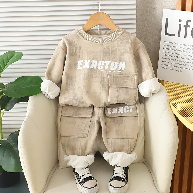 男童秋冬2025新款洋气冬装加绒休闲宝宝卫衣两件套装婴儿童衣服潮