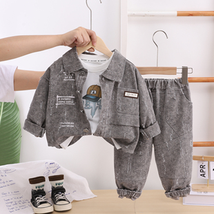 兒童洋氣時(shí)髦衣服寶寶三件套春秋裝 牛仔外套 2025新款 男童春秋套裝
