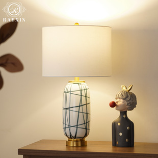中古风简约温馨条纹陶瓷台灯调光客厅五斗柜装饰品摆件卧室床头灯
