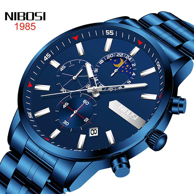 尼伯斯新款2501男士手表 夜光防水石英表 精钢月相手表男