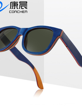 新款滑板木遮阳镜高品质实木夹层偏光墨镜复古方框太阳眼镜