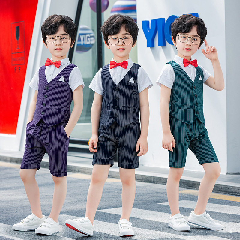 男童礼服条纹马甲套装2023夏季新款主持走秀六一儿童演出服
