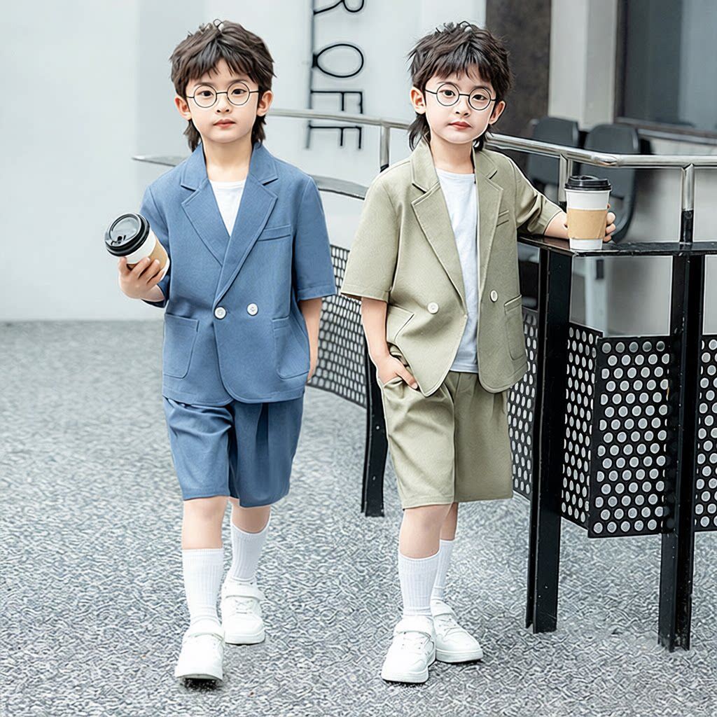 儿童休闲西服套装男童夏季韩版短袖西装短裤男孩走秀主持表演礼服