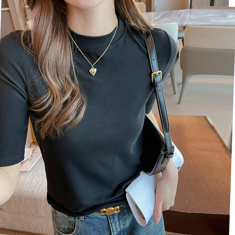 春秋季小立领五分袖莫代尔圆领打底衫女内搭正肩t恤可外穿高级感