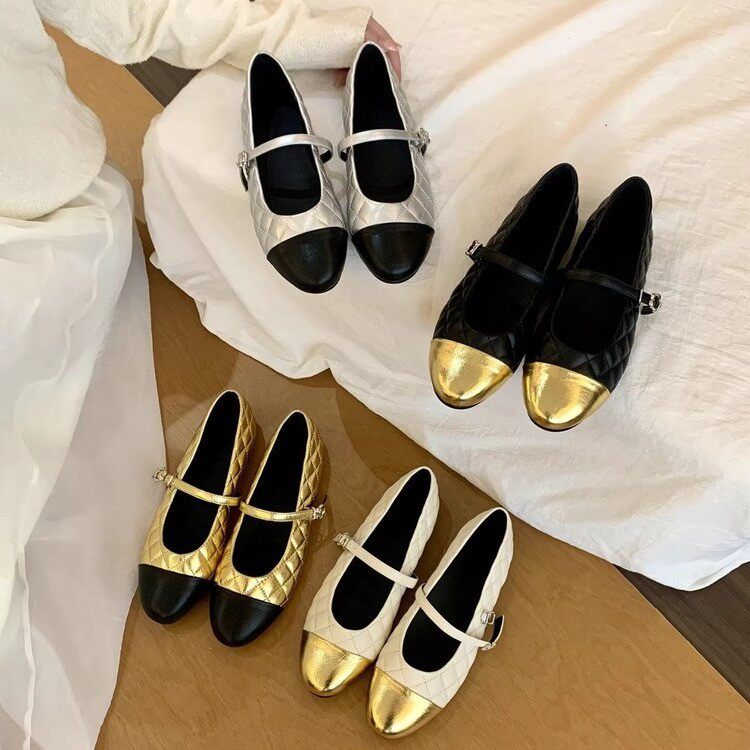 小香风菱格拼色浅口单鞋女2026年新款复古百搭配裙子平底玛丽珍鞋