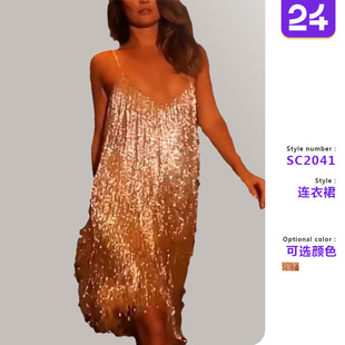 2025年新款 V領吊帶流蘇禮服 亞馬遜wish連衣裙無袖 歐美女裝