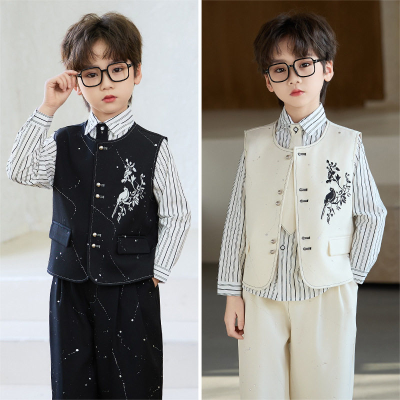 男童西装套装国风刺绣马甲儿童新中式汉服花童周岁礼服主持演出服
