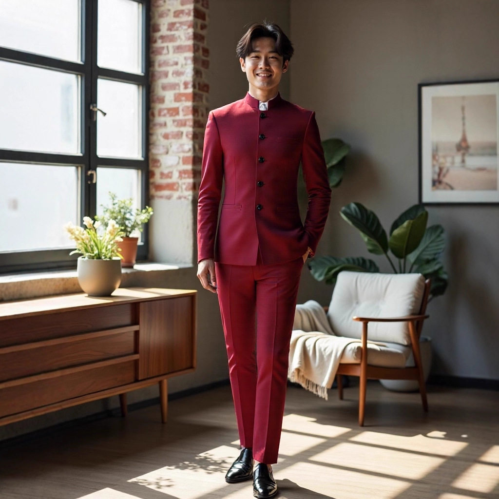 男士商务休闲套装立领西服中国风红色西装新郎伴郎结婚礼服二件套