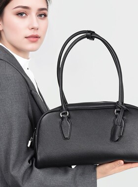 TR新款头层牛皮保龄球包极简慵懒风india长柄腋下包通勤百搭包包