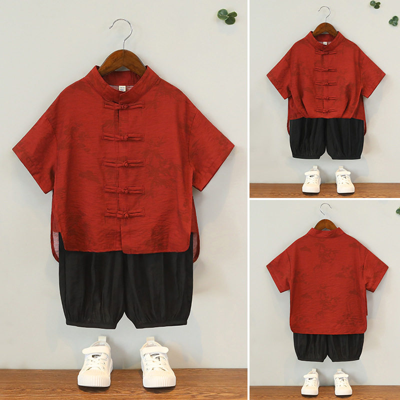 男童汉服新中式短袖套装幼儿园六一国风演出服宝宝周岁礼服喜庆