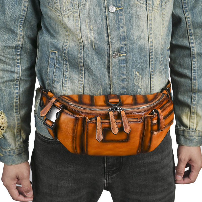做旧机车风牛皮多功能斜挎腰包立体分层多袋胸包两用潮流做旧质感