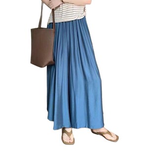 夏新款十三行欧货韩版新款麻料克莱因蓝高腰大阔腿慵懒阔腿裤