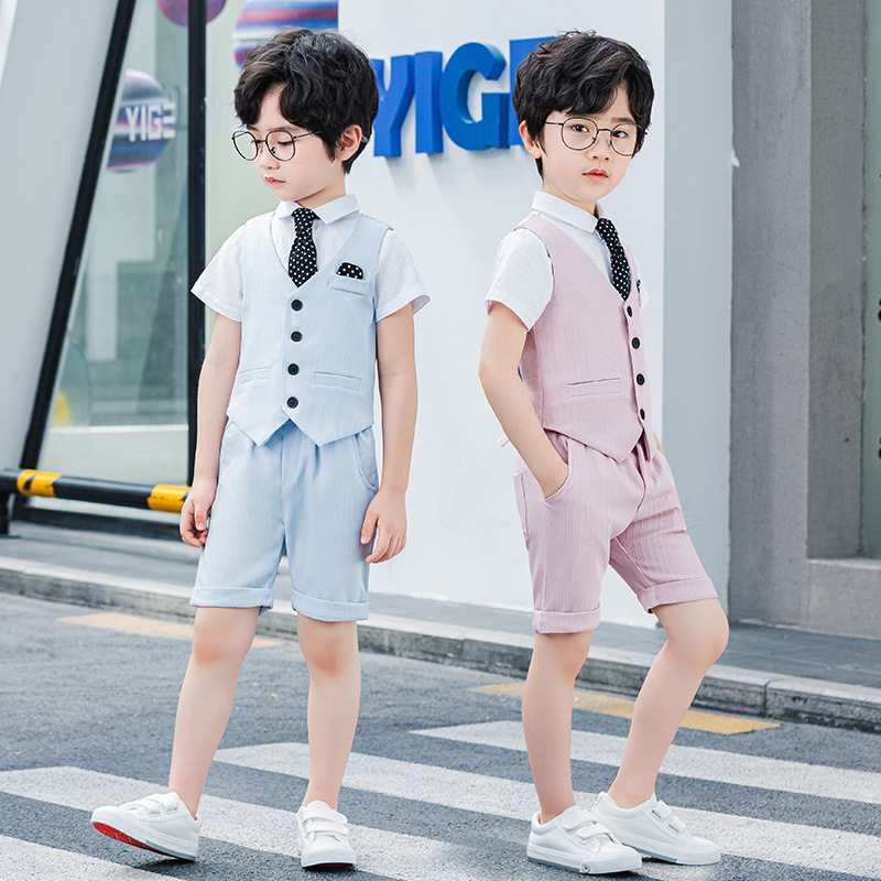 儿童粉色马甲套装夏季新品男童礼服六一儿童走秀主持演出服