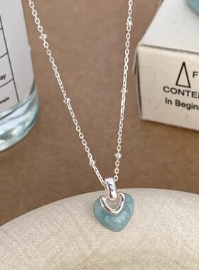 冰蓝心事项链女925纯银爱心吊坠韩版时尚气质轻奢小众项饰品