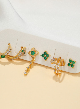 亚马逊新款绿色锆石耳饰耳环套装 货源设计感耳钉耳扣六件套