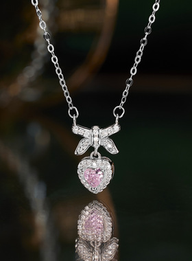 925银蝴蝶结粉钻爱心项链女韩版轻奢高级感蝴蝶吊坠网红锁骨链女