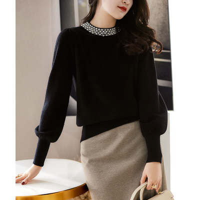 秋冬圆领针织衫女装气质风灯笼袖羊毛打底衫纯色套头重工钉珠毛衣