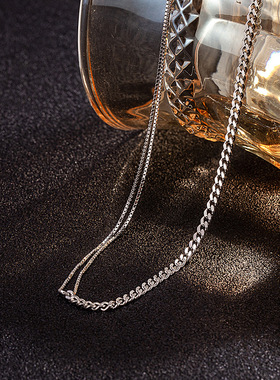 s925纯银不对称拼接双层项链女ins冷淡风极简个性小众设计锁骨链