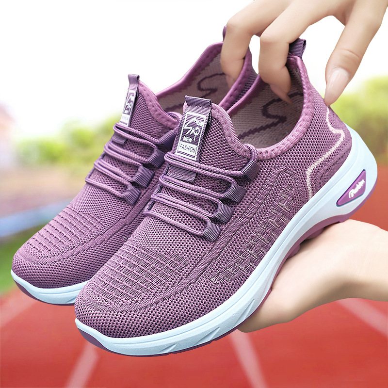 女鞋新款夏季网面运动鞋飞织透气系带跑步鞋休闲鞋厚底单鞋