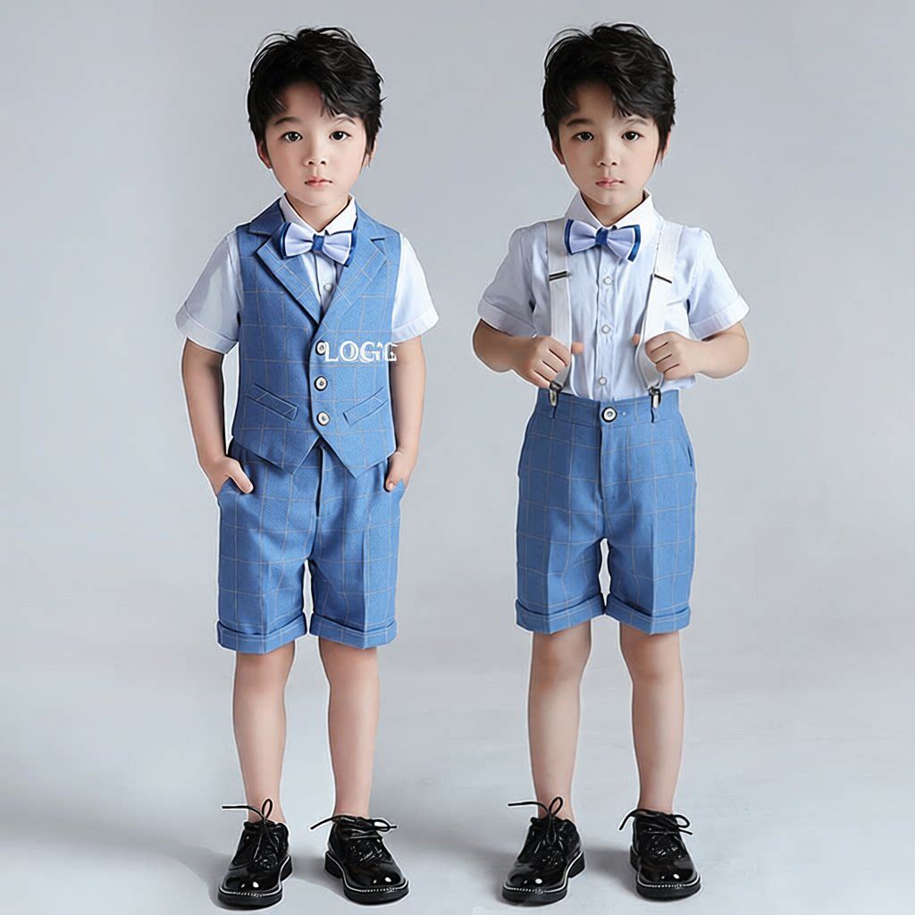 男童马甲套装夏季新款短袖演出服三件套儿童演讲宝宝周岁花童礼服