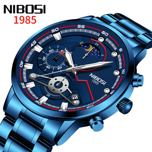nibosi手表精钢月相腕表外贸真三眼六针石英男手表批量