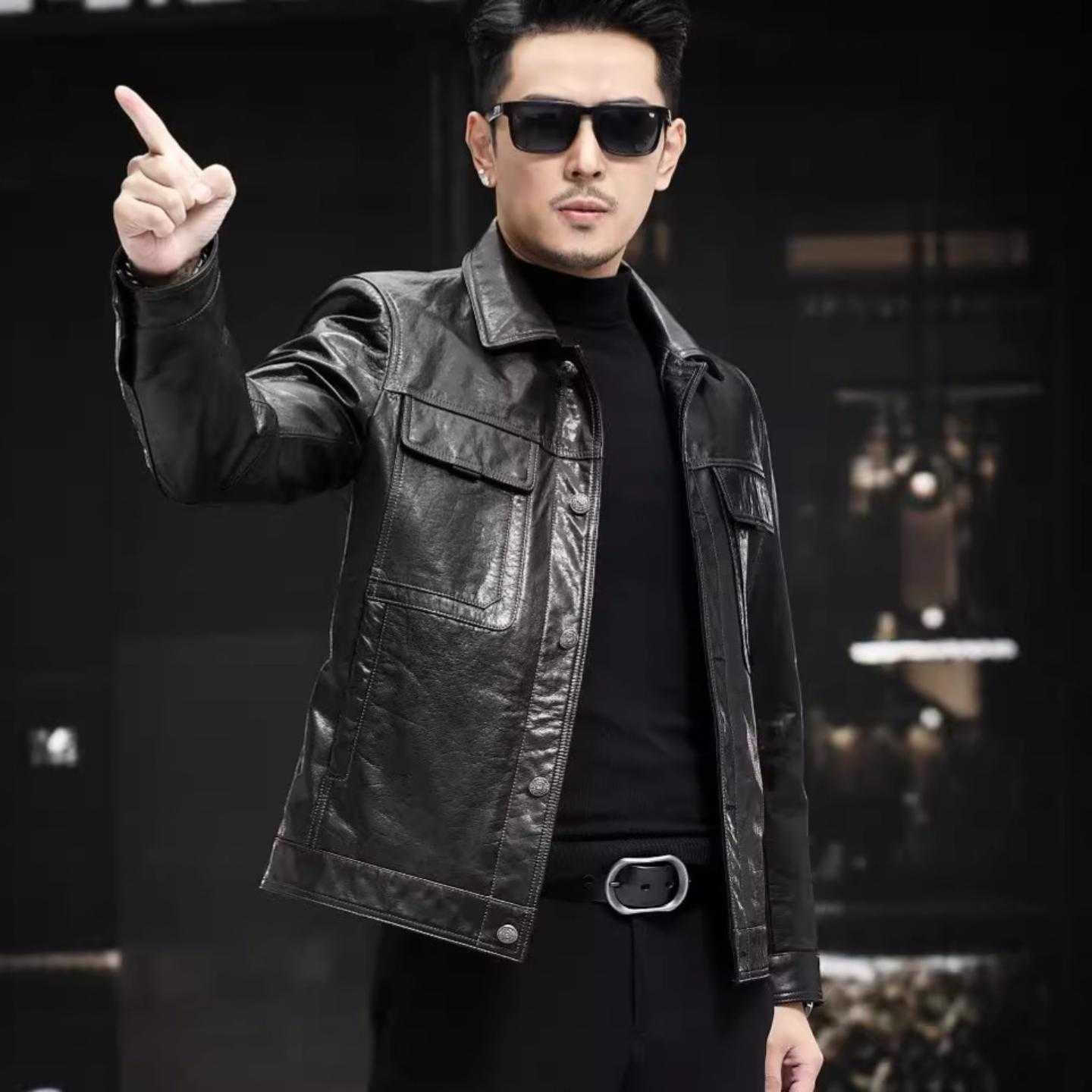 普洛克新款 皮头机车男翻领短款皮衣服秋冬皮皮真皮皮夹外套牛皮