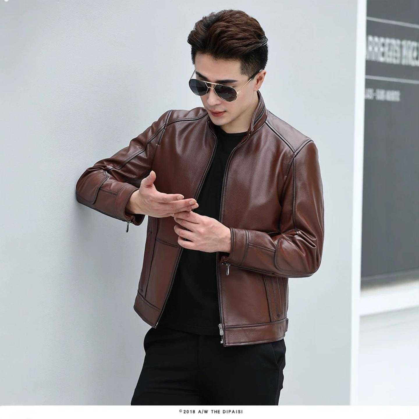 【普洛克】新款 真皮皮衣男短款头层牛皮夹克修身立领机车服春秋