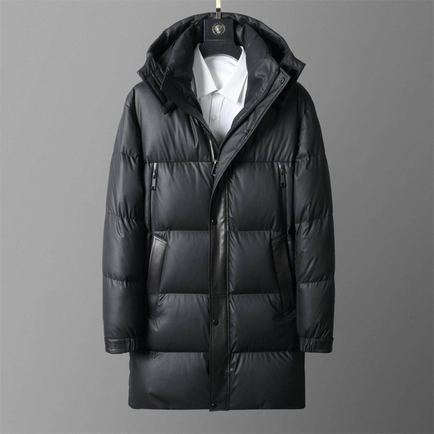 普洛克正品真皮皮羽绒男士绵羊皮夹克连帽中长款保暖外套加厚