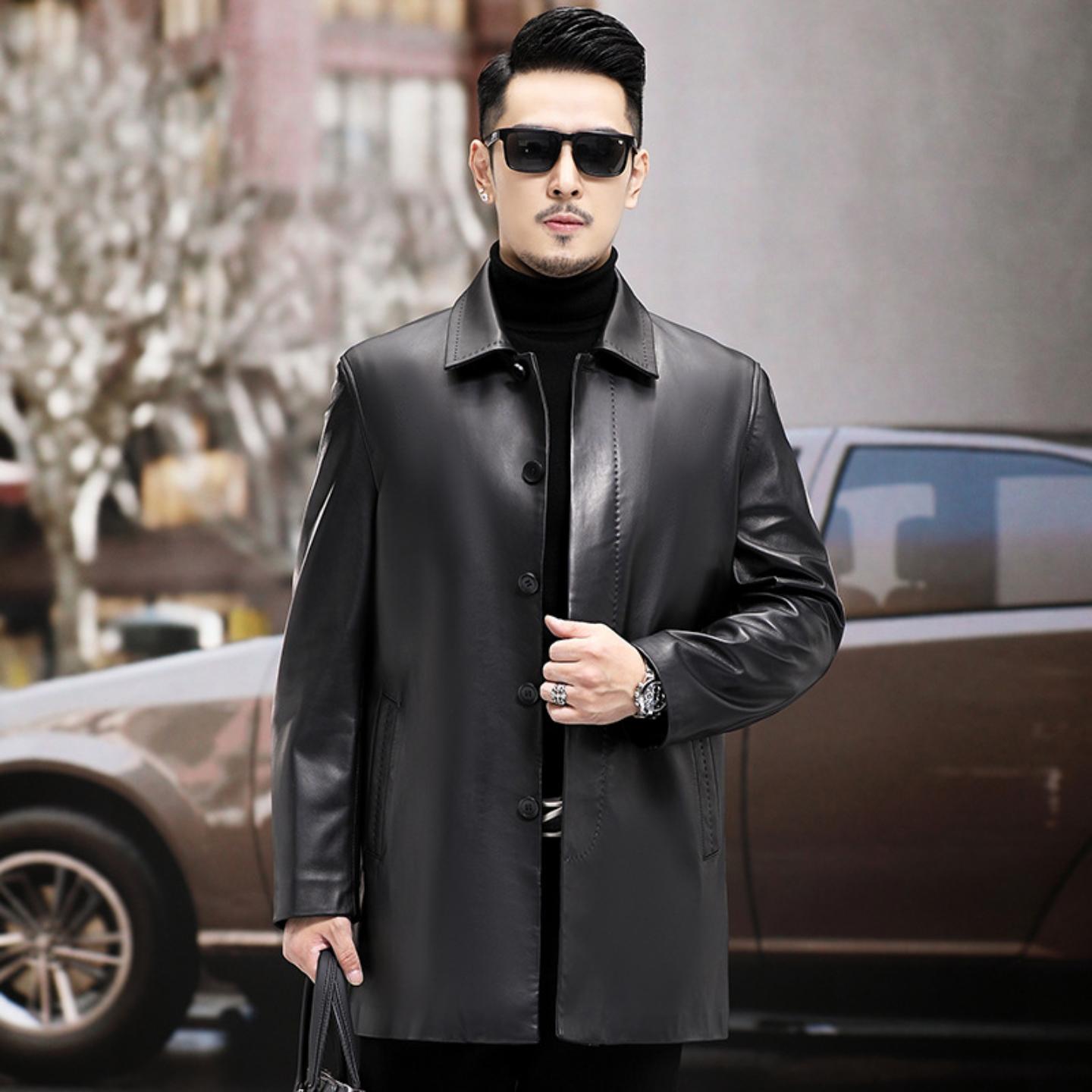 普洛克正品款男士真皮皮衣男绵羊皮外套中长款风衣商务休闲风男装